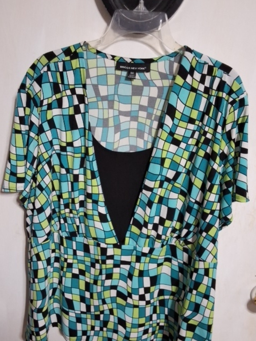 BRIGGS NEW YORK Teal, Aqua & Lime Geometric V-Neck Tunic
